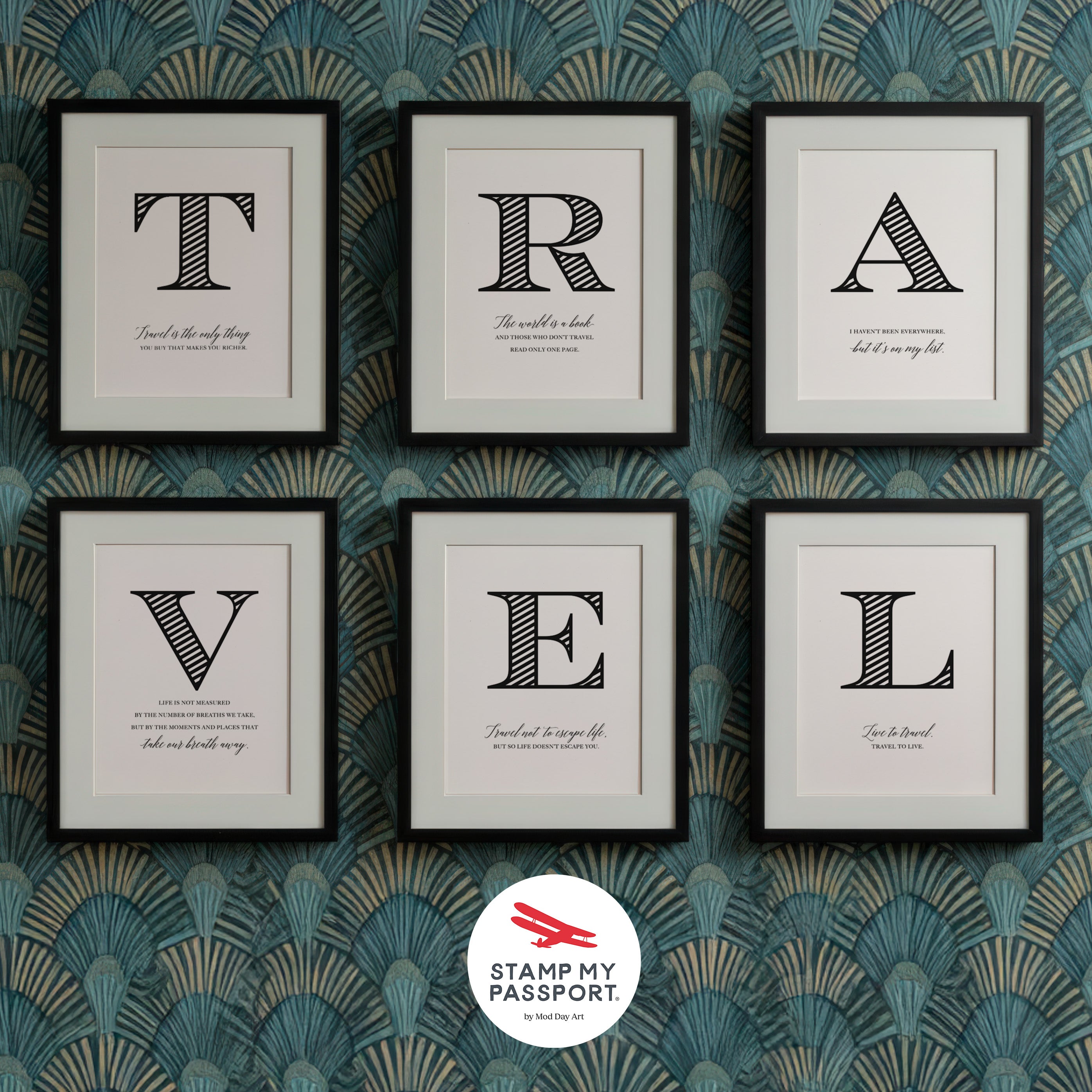 Six framed prints with letters forming 'TRAVEL' on a decorative wall.