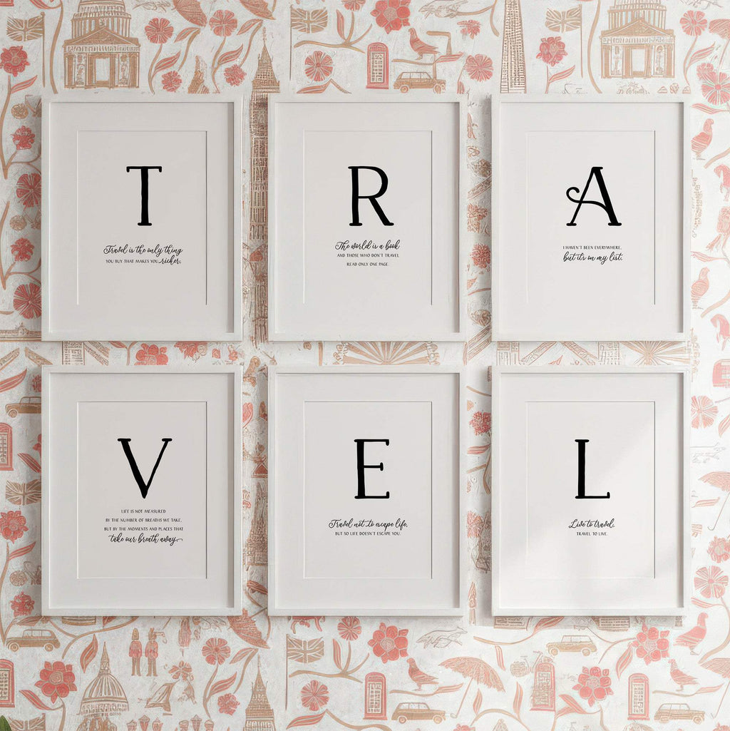 Six framed travel wall art prints with adventure quotes on a decorative wall background