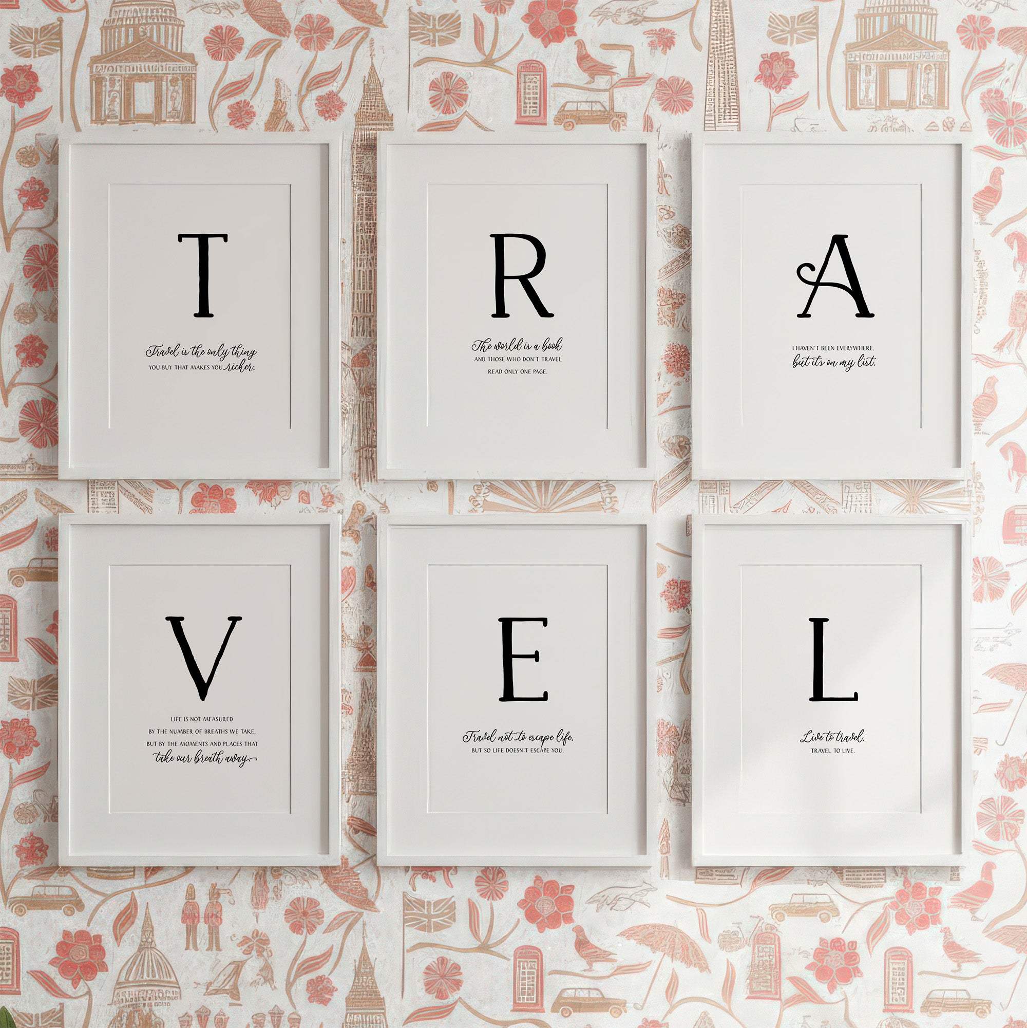 Six framed travel wall art prints with adventure quotes on a decorative wall background
