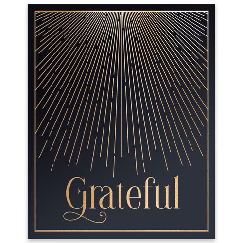 Grateful gold foil thank you art print on black cardstock with radiant line design and elegant typography