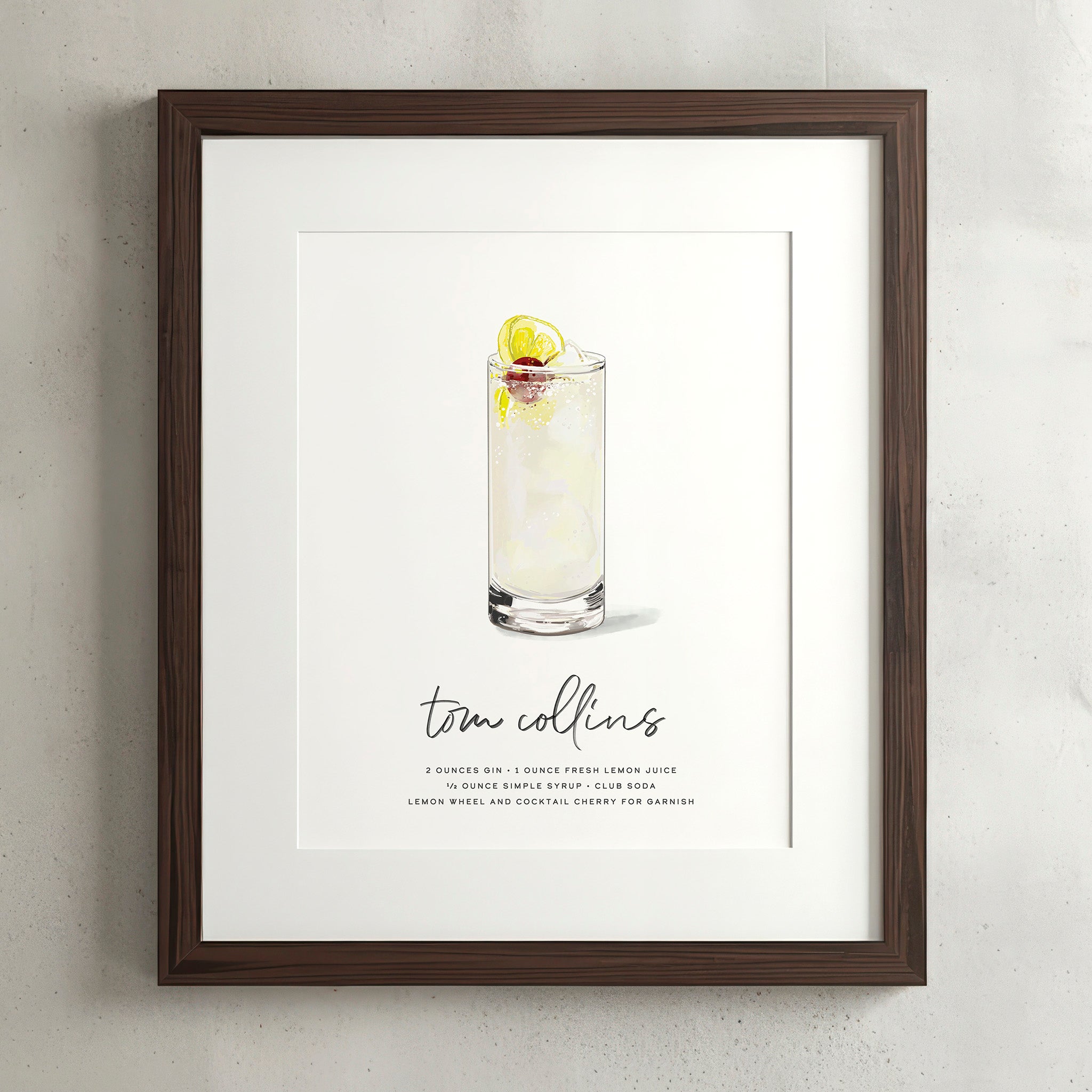 Tom Collins cocktail wall art poster in a walnut frame, hand-drawn recipe illustration with lemon wheel and cherry, 8x10 print