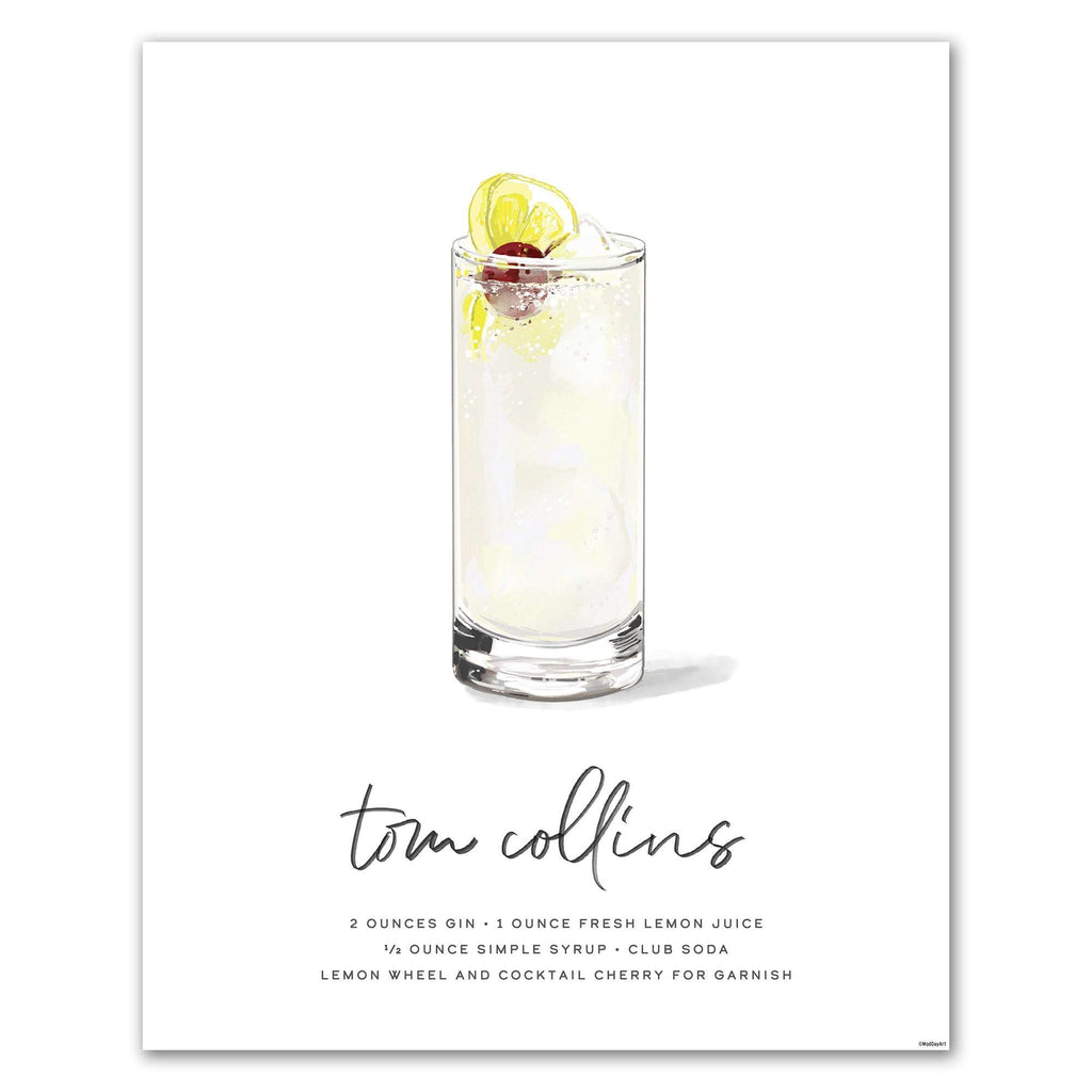 Tom Collins drink cocktail art featuring a glass of cocktail and lemon wheel on a white background