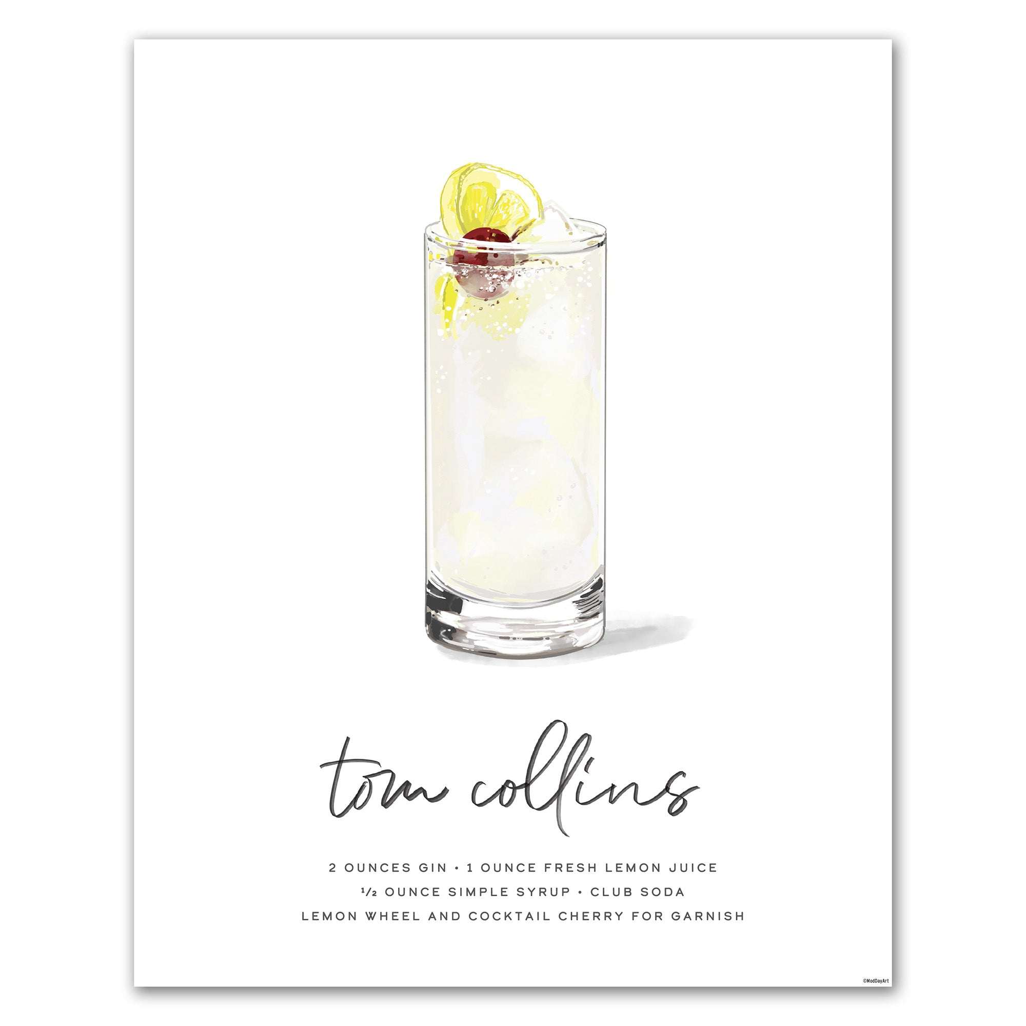 Tom Collins recipe cocktail art featuring a glass of cocktail and lemon wheel on a white background