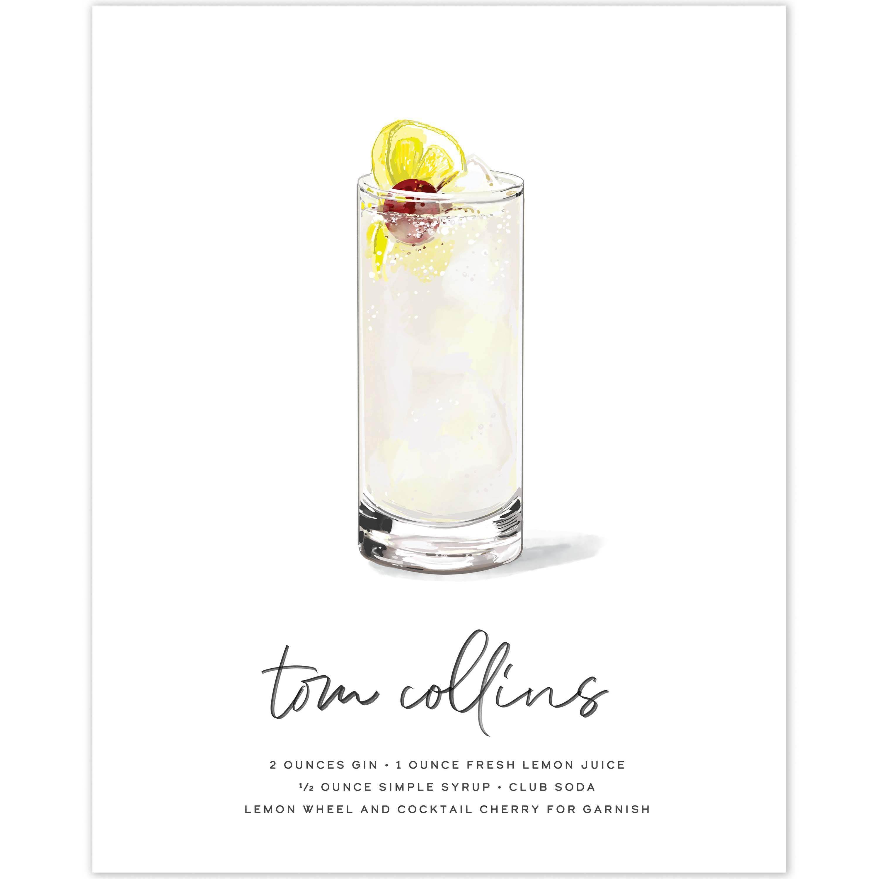 Tom Collins drink wall art with lemon wheel and cherry garnish.