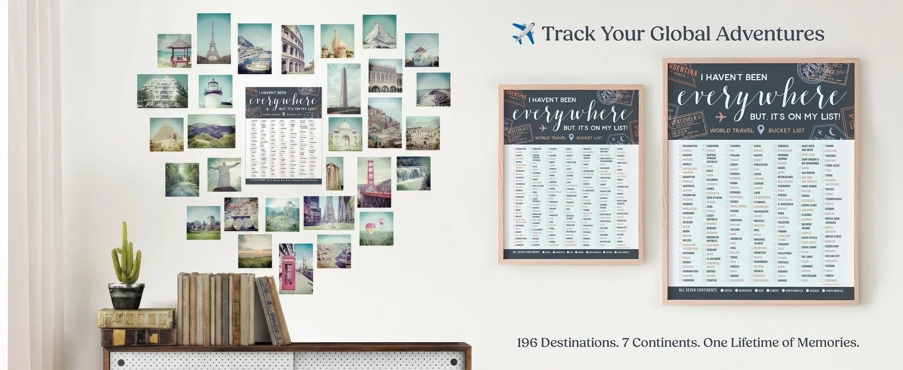 Wall with framed travel been to posters and a calendar titled 'Track Your Global Adventures'.