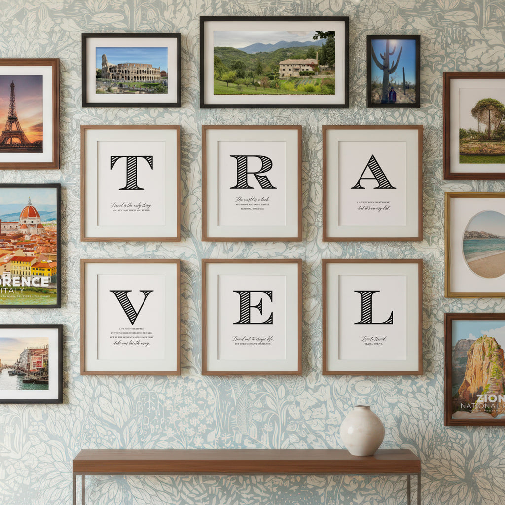 Wall with framed pictures and travel-themed wall art decorations