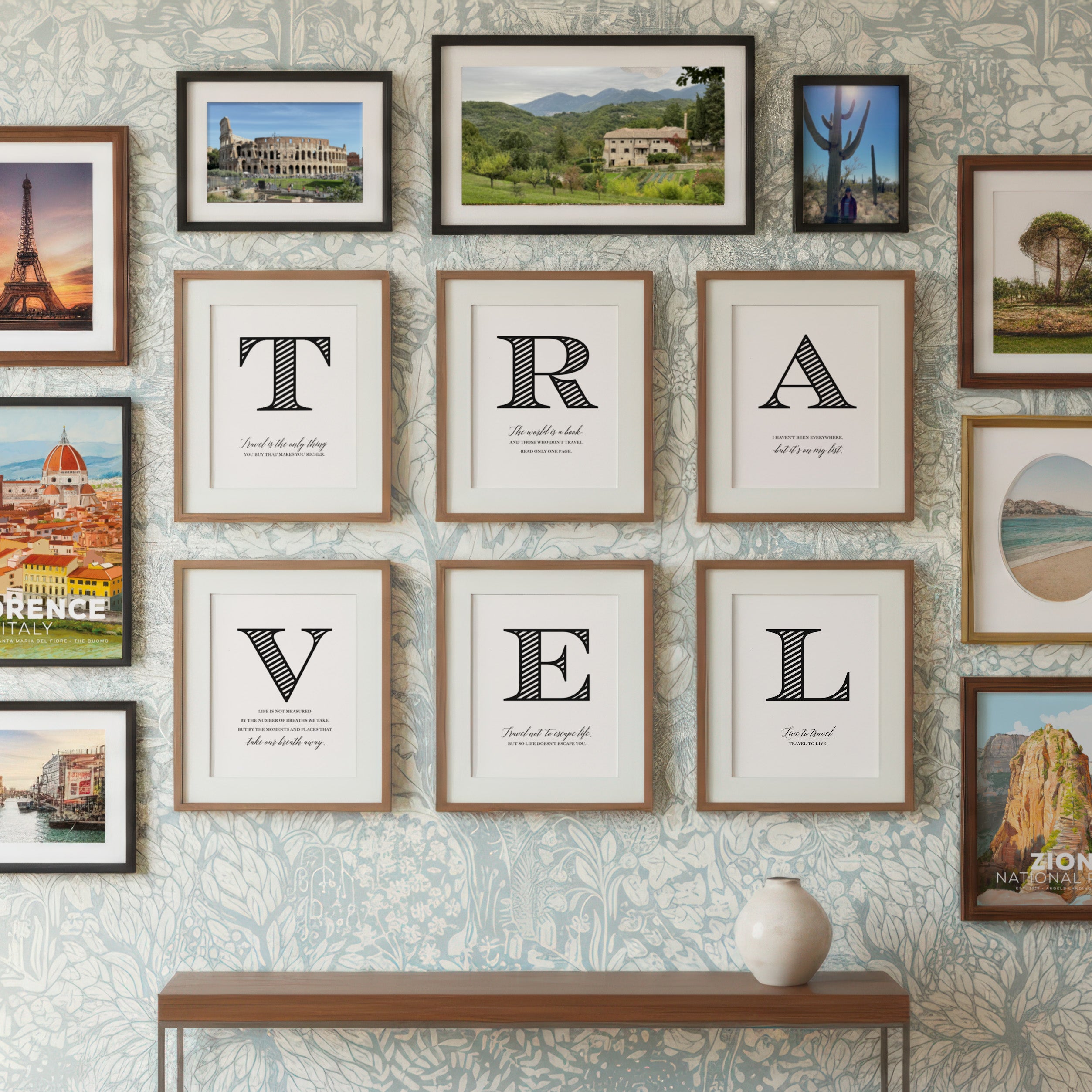 Wall with framed pictures and travel-themed wall art decorations
