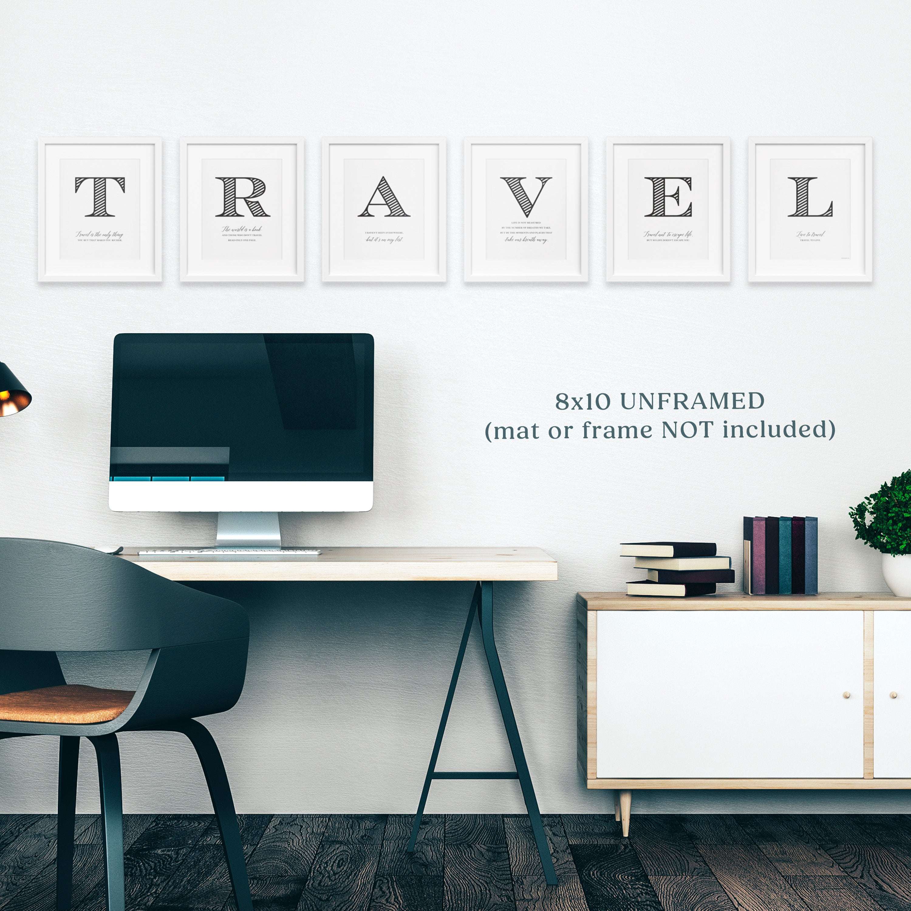 Minimalist TRAVEL travel wall decor set with inspirational quotes in black-and-white typography above a modern desk setup