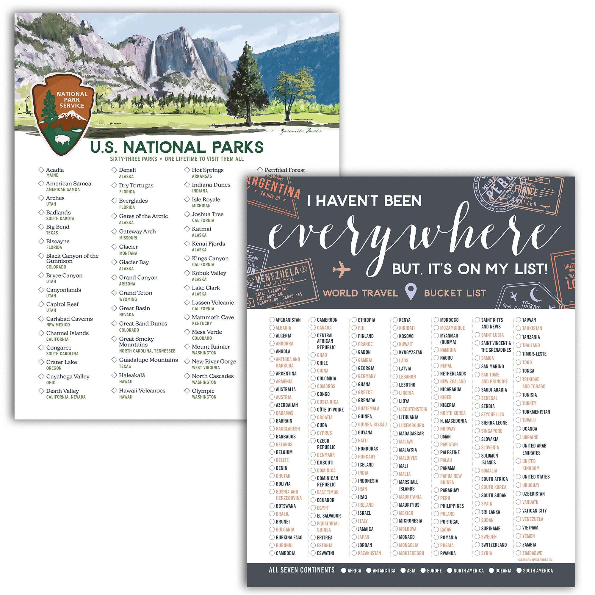 Travel Bundle featuring U.S. National Parks checklist poster and world travel bucket list poster for tracking adventures