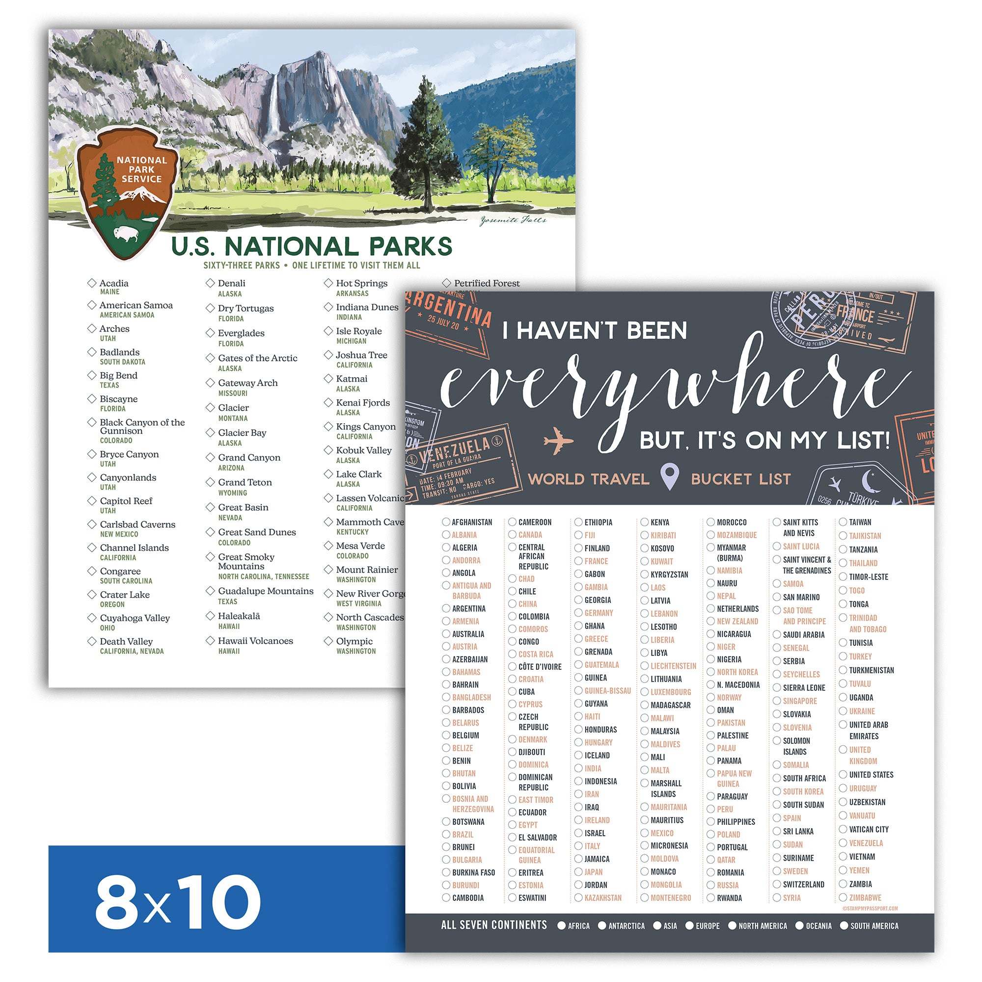 Travel Been to Checklist Poster and U.S. National Parks Tracker bundle for marking global and national adventures