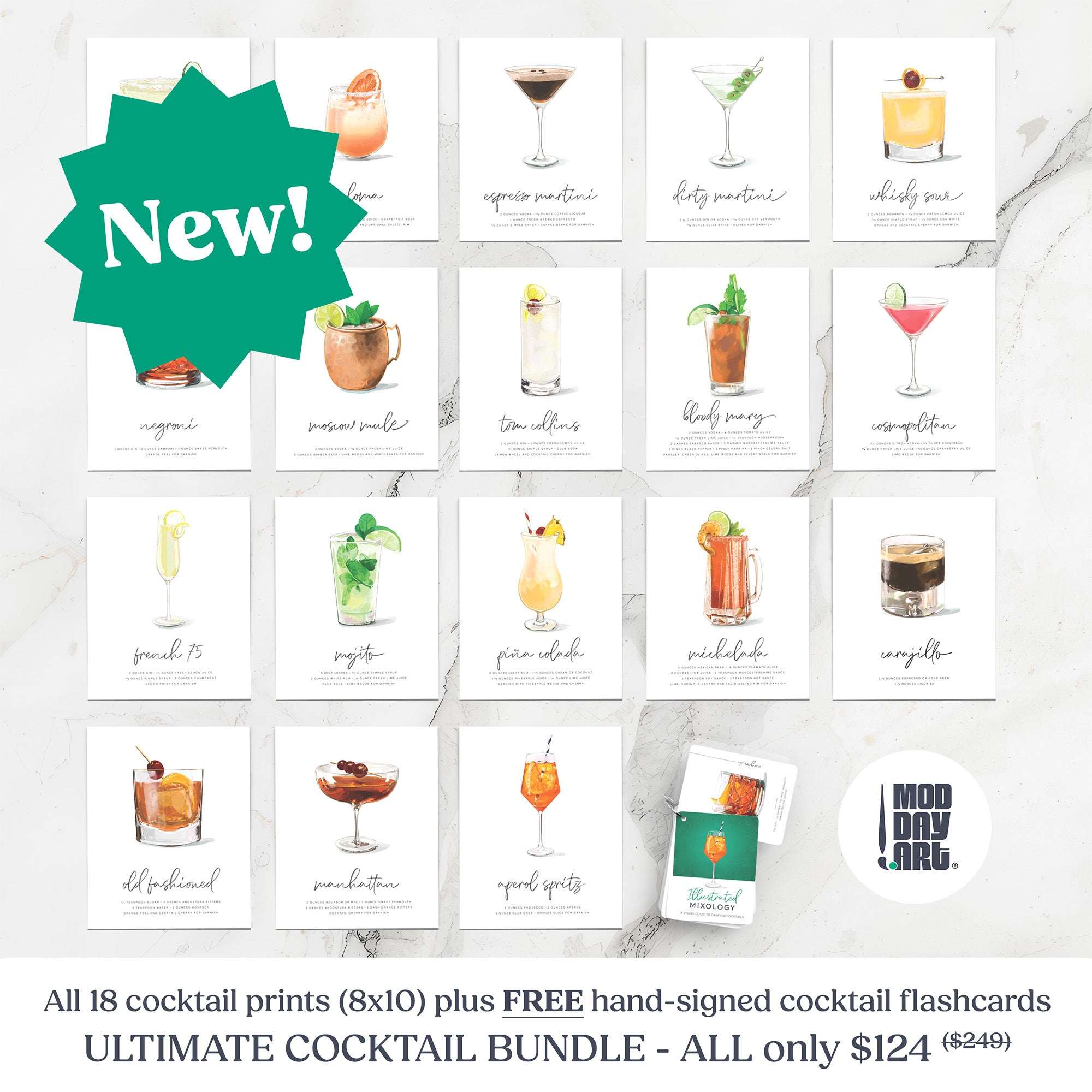 Cocktail gift set featuring 18 hand-drawn 8x10 cocktail art prints with free artist-signed mixology recipe flashcards cocktail gift set