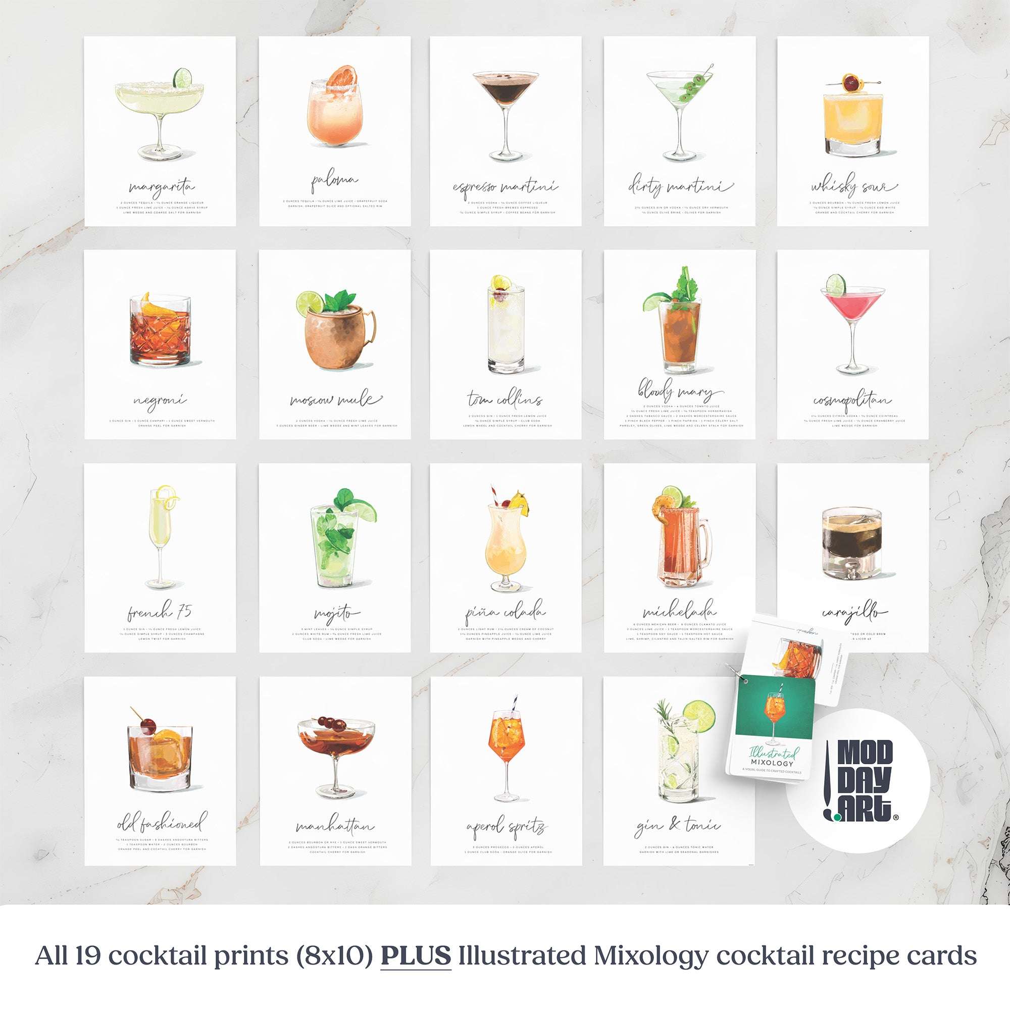 Illustrated mixology cocktail recipe cards on a marble surface with Mod Day Art cocktail art prints