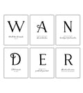 6-piece Wander Quotes wall art with sleek black and white typography, inspiring adventure and exploration.