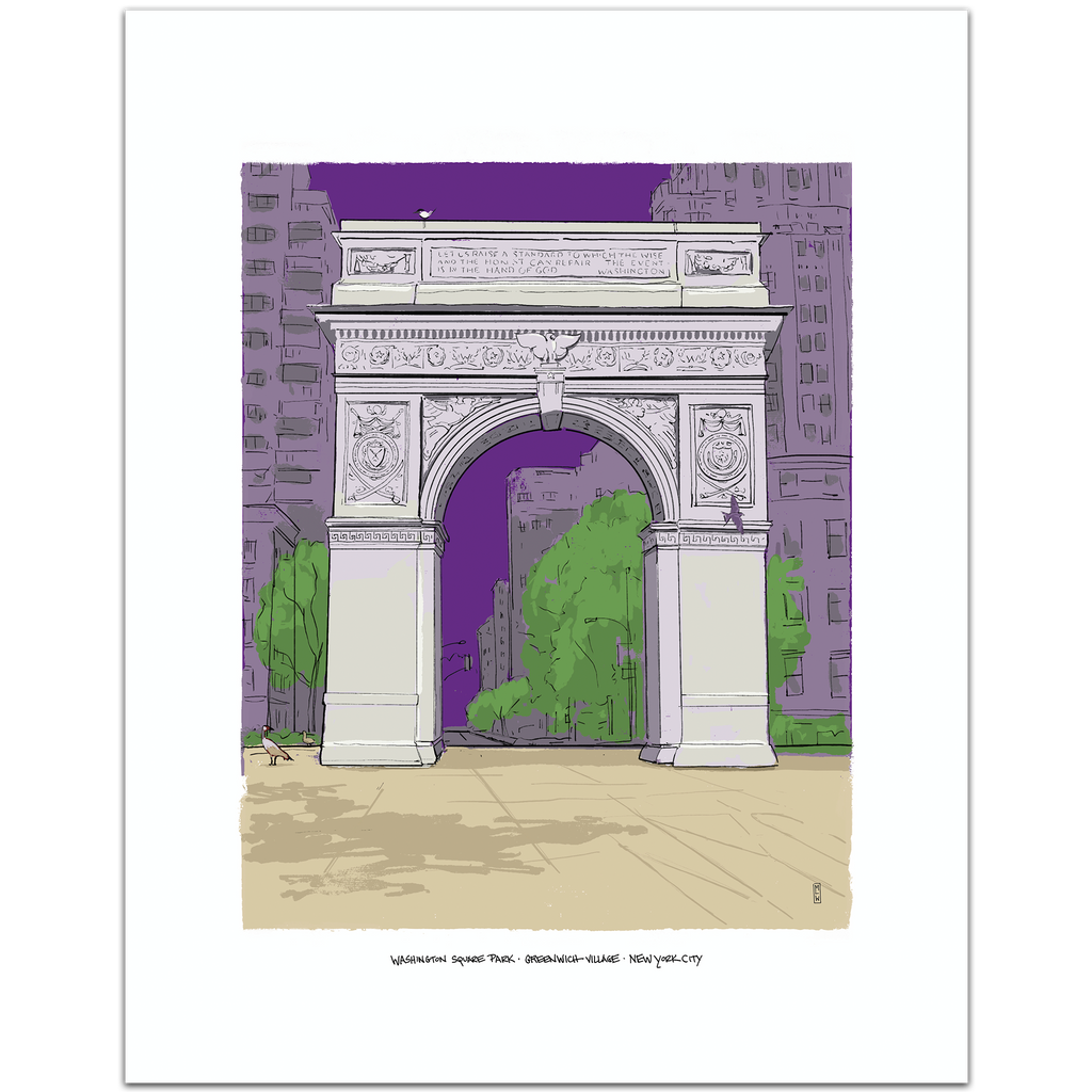 A hand-illustrated art print of the Washington Square Arch in New York City at dusk, set against a deep violet sky with city buildings and green trees, framed by a white border.