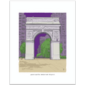 A hand-illustrated art print of the Washington Square Arch in New York City at dusk, set against a deep violet sky with city buildings and green trees, framed by a white border.
