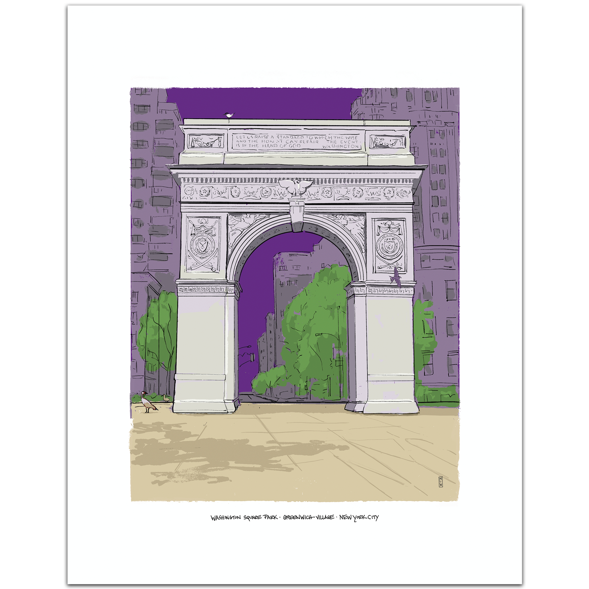 A hand-illustrated art print of the Washington Square Arch in New York City at dusk, set against a deep violet sky with city buildings and green trees, framed by a white border.
