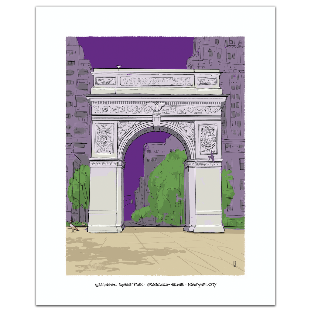 A hand-illustrated art print of the Washington Square Arch in New York City at dusk, set against a deep violet sky with city buildings and green trees, framed by a white border.