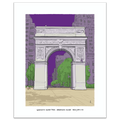 A hand-illustrated art print of the Washington Square Arch in New York City at dusk, set against a deep violet sky with city buildings and green trees, framed by a white border.
