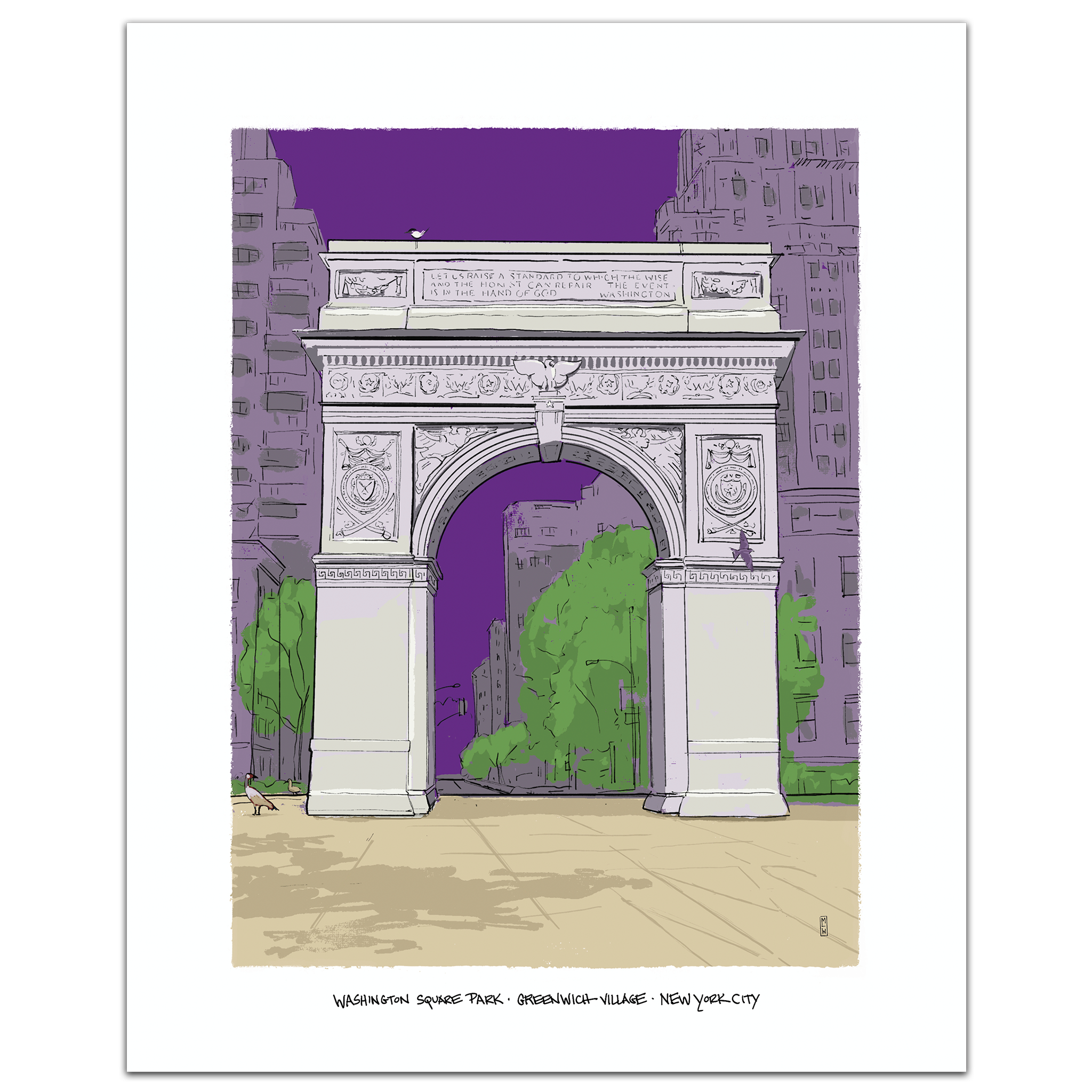 A hand-illustrated art print of the Washington Square Arch in New York City at dusk, set against a deep violet sky with city buildings and green trees, framed by a white border.