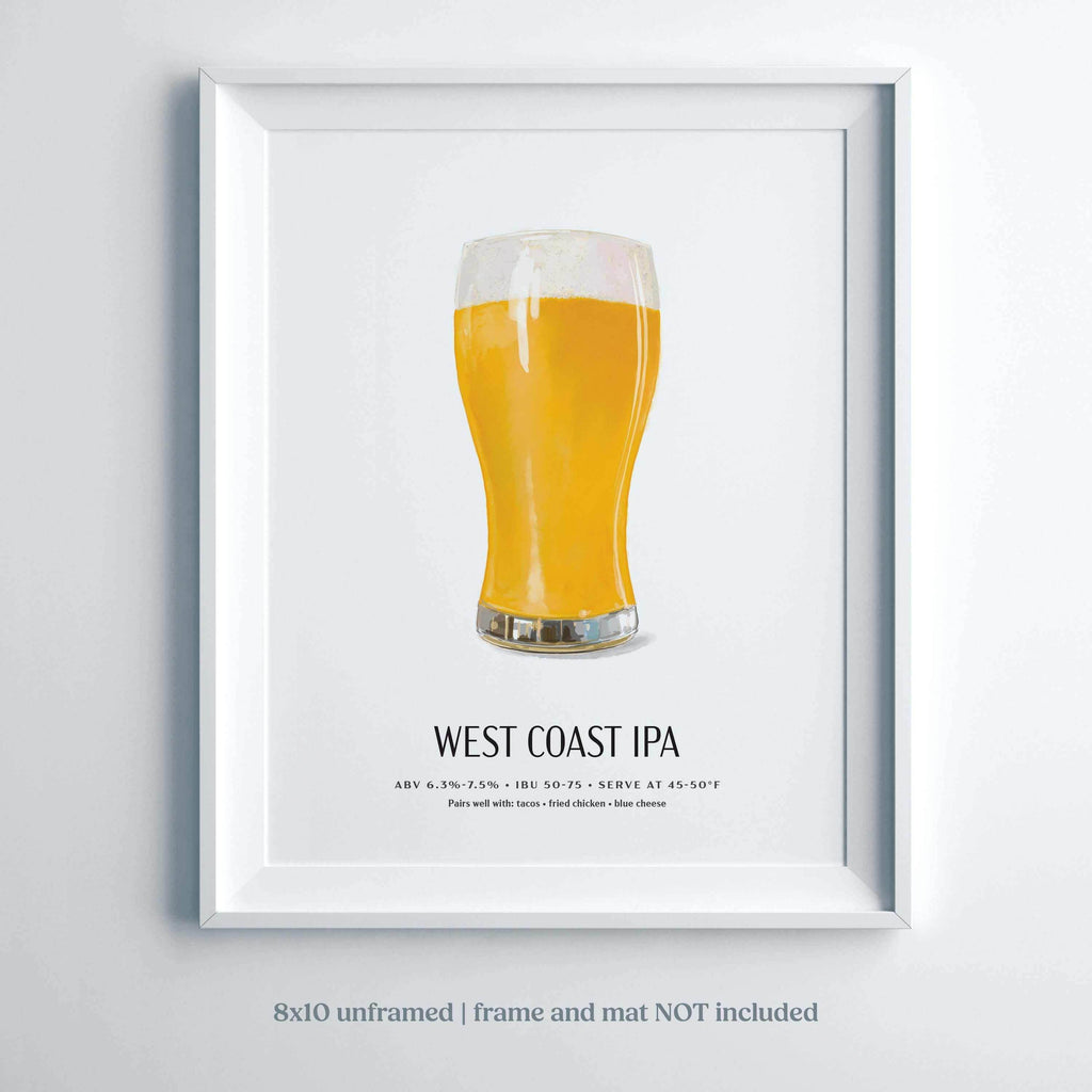 West Coast IPA beer poster, illustrated craft beer wall art, 8x10 unframed.