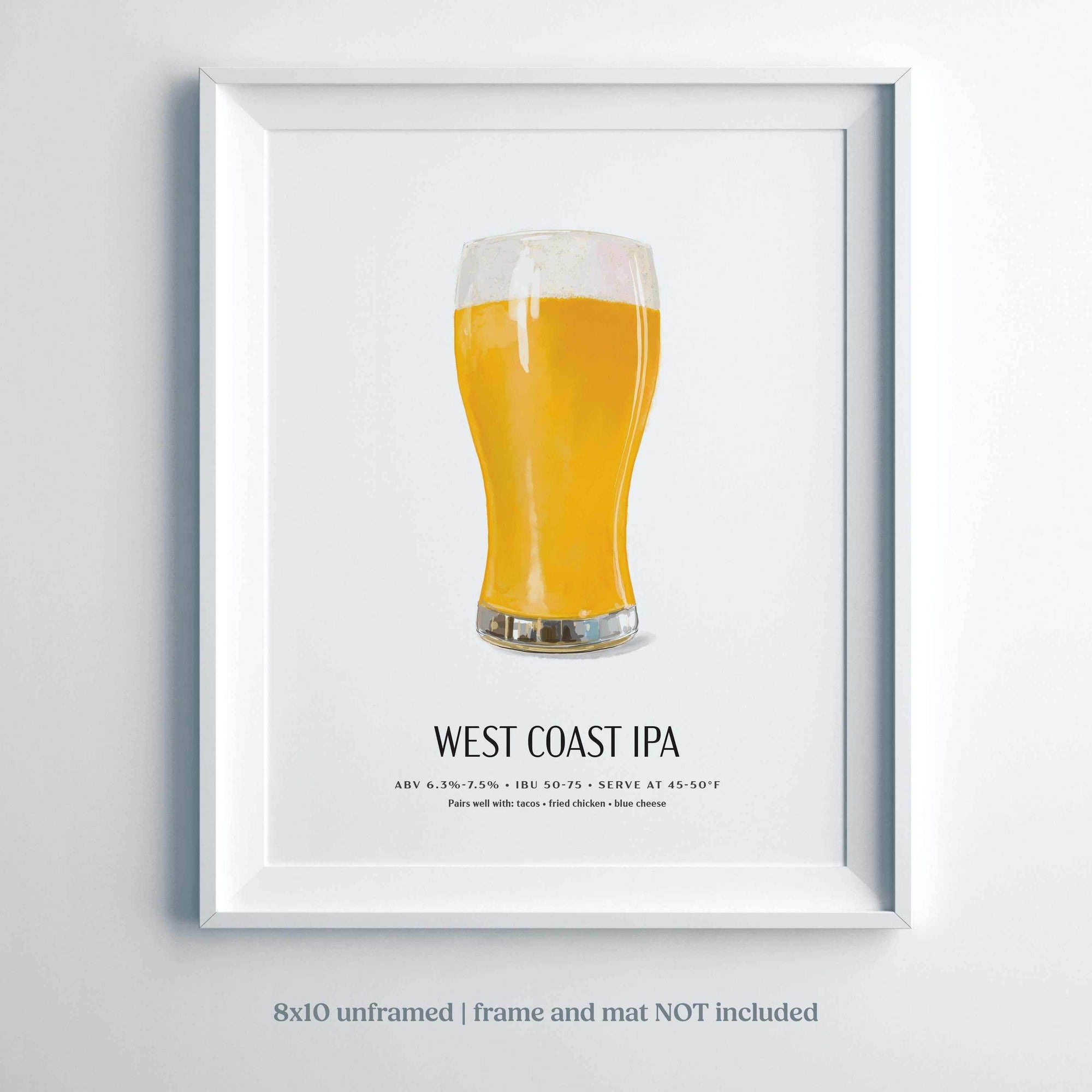West Coast IPA beer poster, illustrated craft beer wall art, 8x10 unframed.