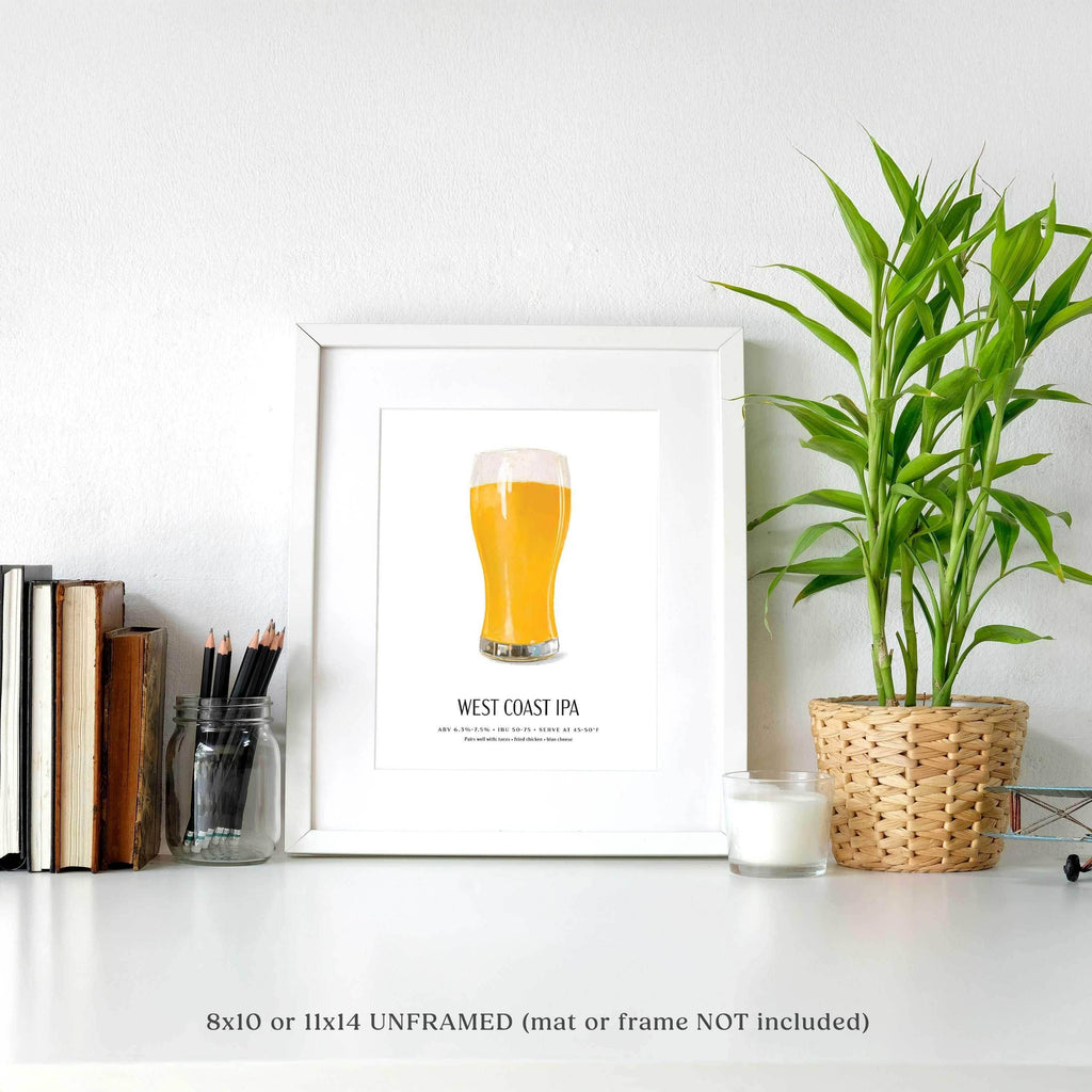 West Coast IPA beer poster, illustrated craft beer wall art, 8x10, unframed.