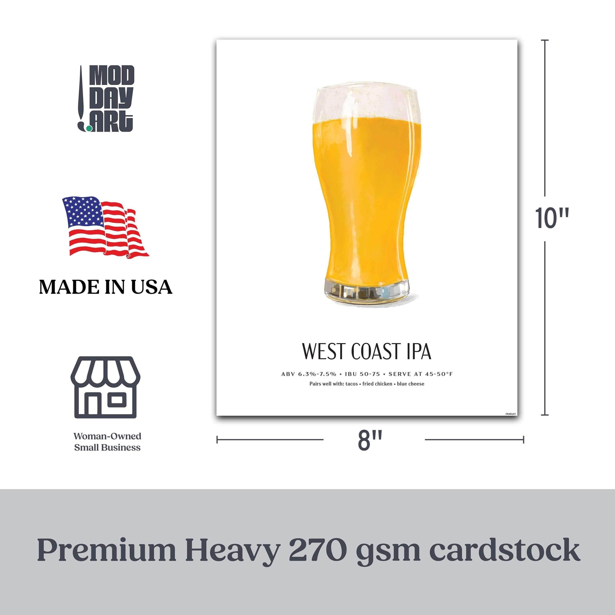 West Coast IPA beer poster, illustrated craft beer wall art, 8x10 unframed, premium cardstock.