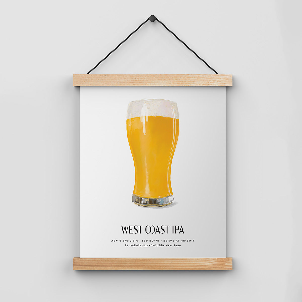 West Coast IPA beer poster in 8x10 size, displayed in a poster hanger.