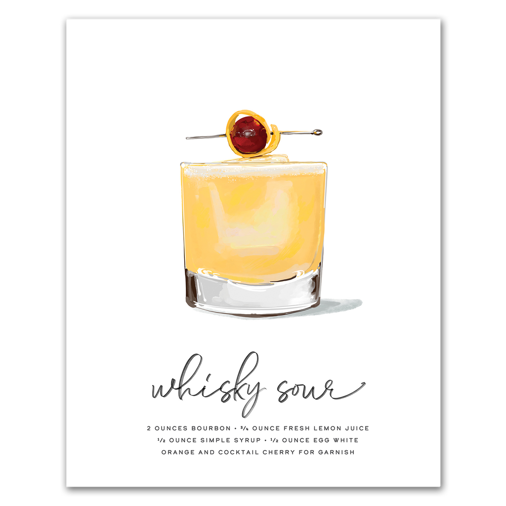 Whisky Sour cocktail recipe wall art print for kitchen or home bar