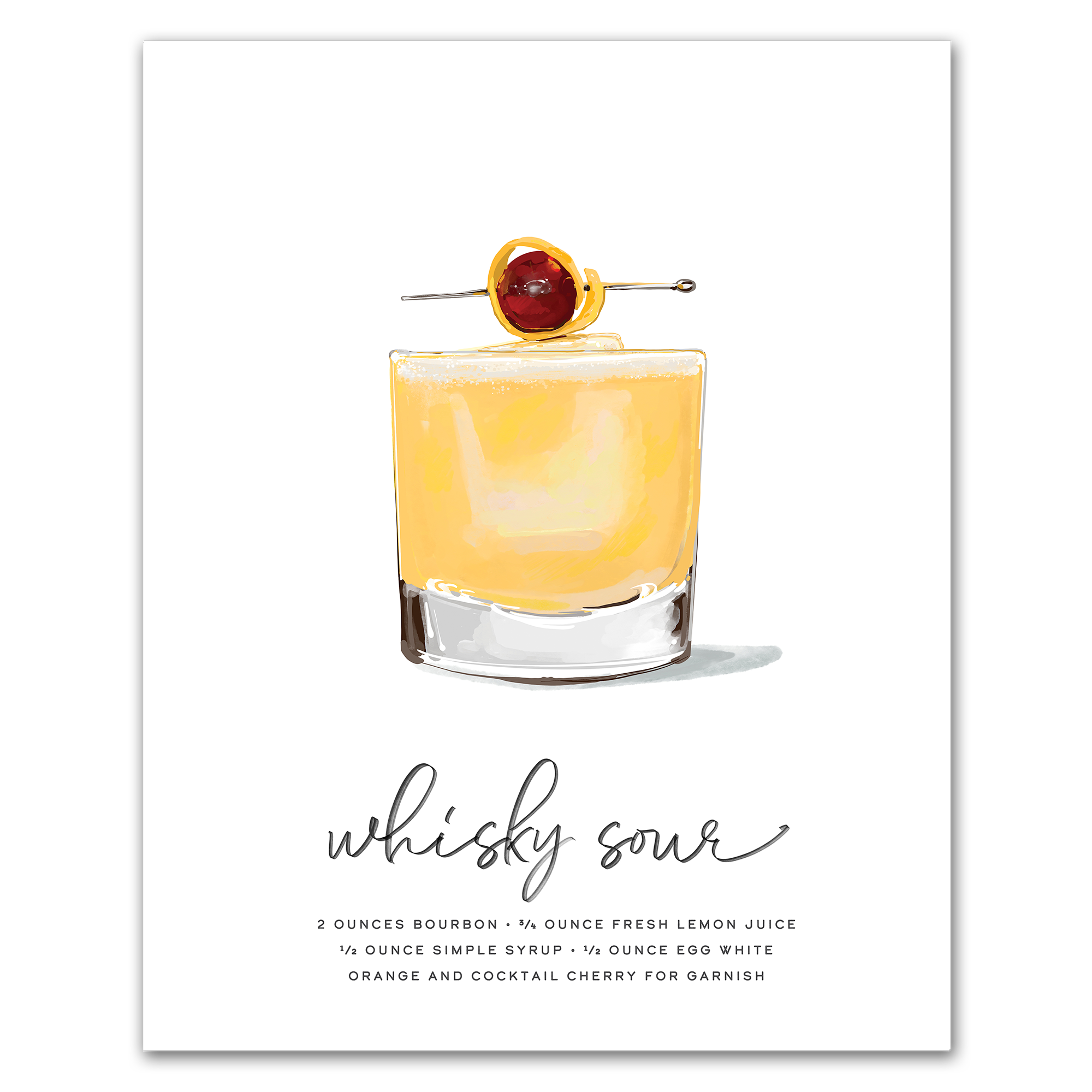 Whisky Sour cocktail recipe wall art print for kitchen or home bar