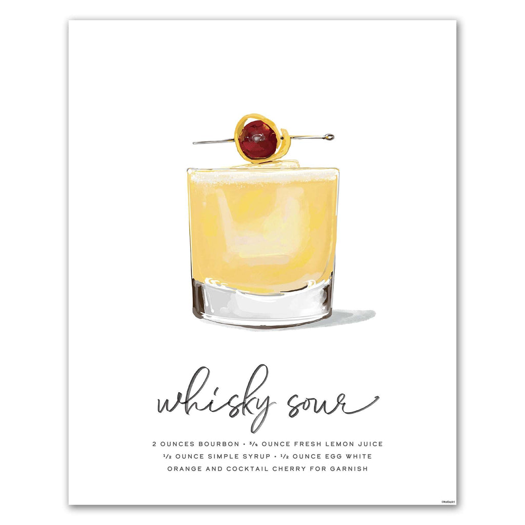 recipe cocktail art featuring an Illustration of a whisky sour cocktail with a cherry garnish on a white background