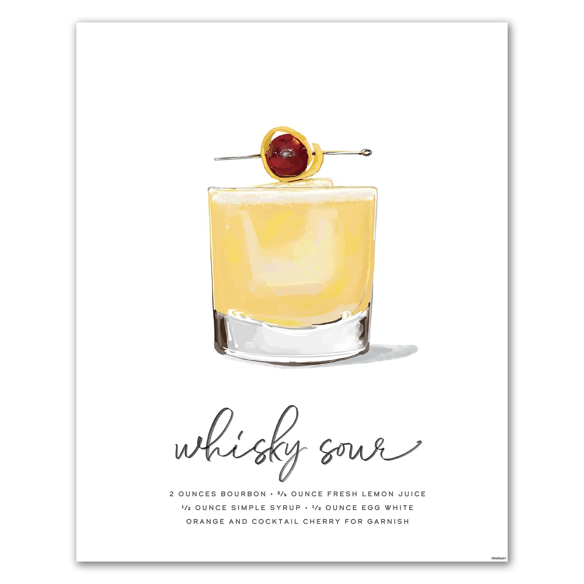 recipe cocktail art featuring an Illustration of a whisky sour cocktail with a cherry garnish on a white background