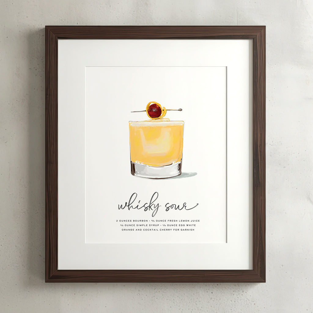Whiskey Sour cocktail wall art poster in a walnut frame, hand-drawn recipe illustration, 8x10 print