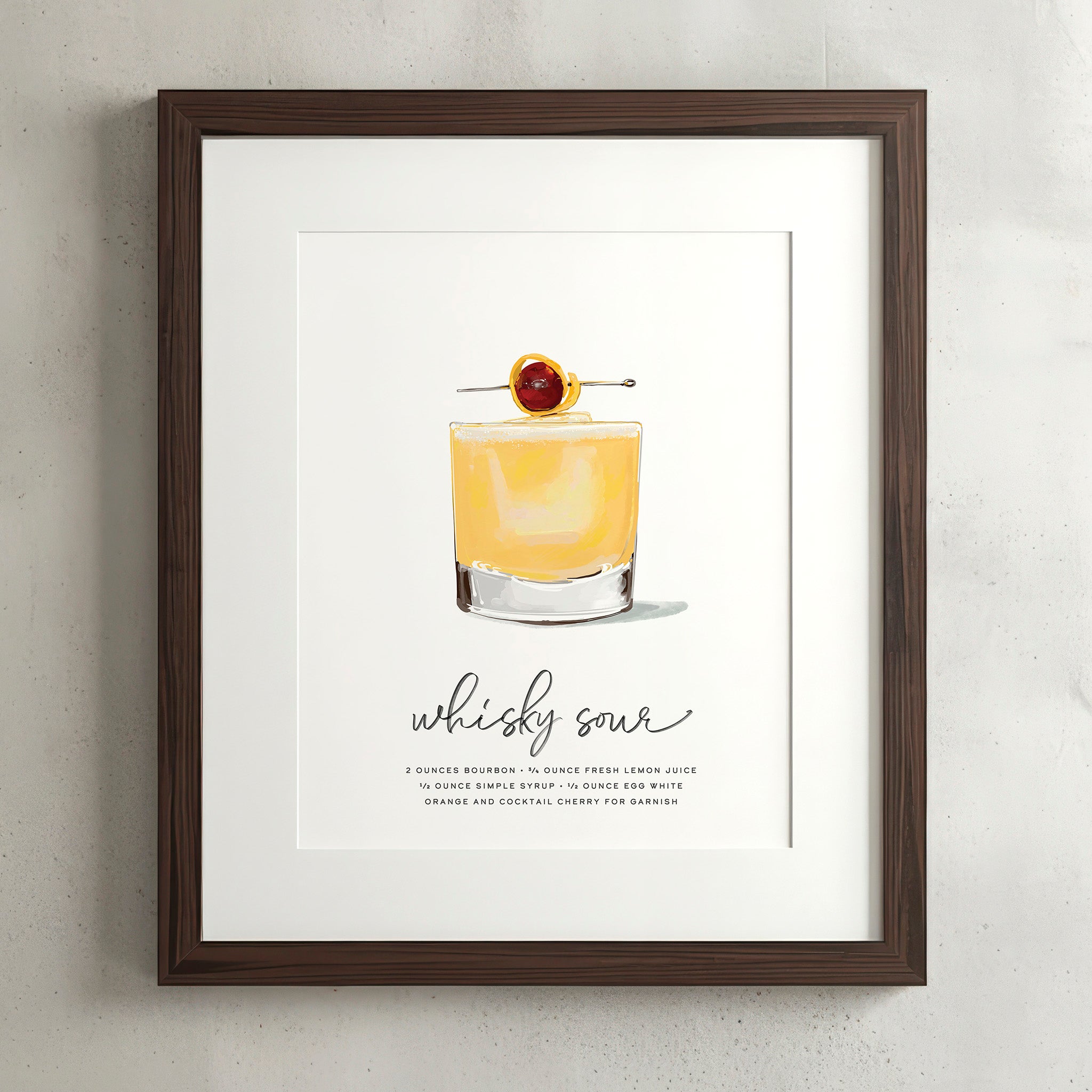 Whiskey Sour cocktail wall art poster in a walnut frame, hand-drawn recipe illustration, 8x10 print