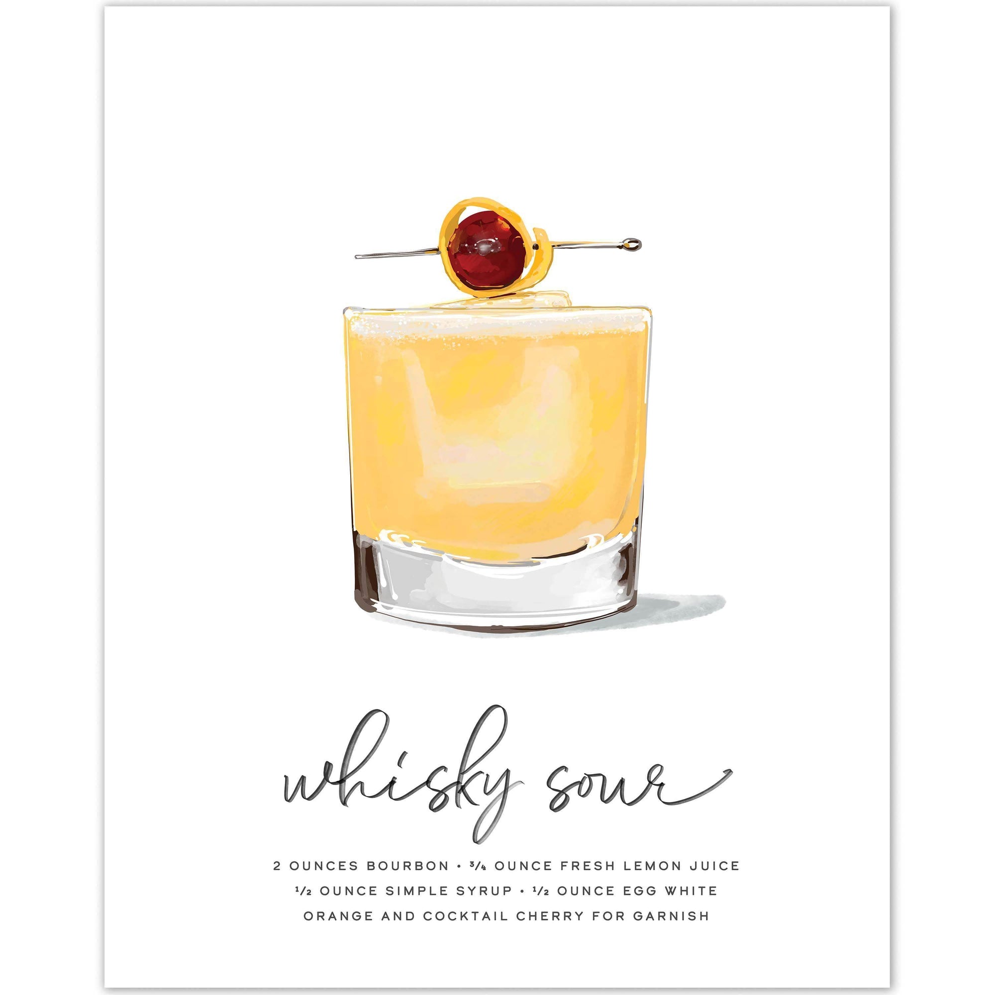 Whiskey Sour Cocktail Wall Art with vibrant illustration featuring a luxardo cherry garnish, orange peel, and cocktail pick.