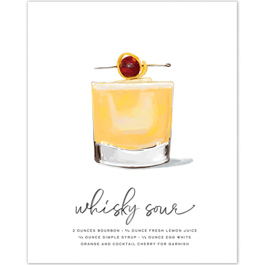 Whiskey Sour Cocktail Wall Art with vibrant illustration featuring a luxardo cherry garnish, orange peel, and cocktail pick.