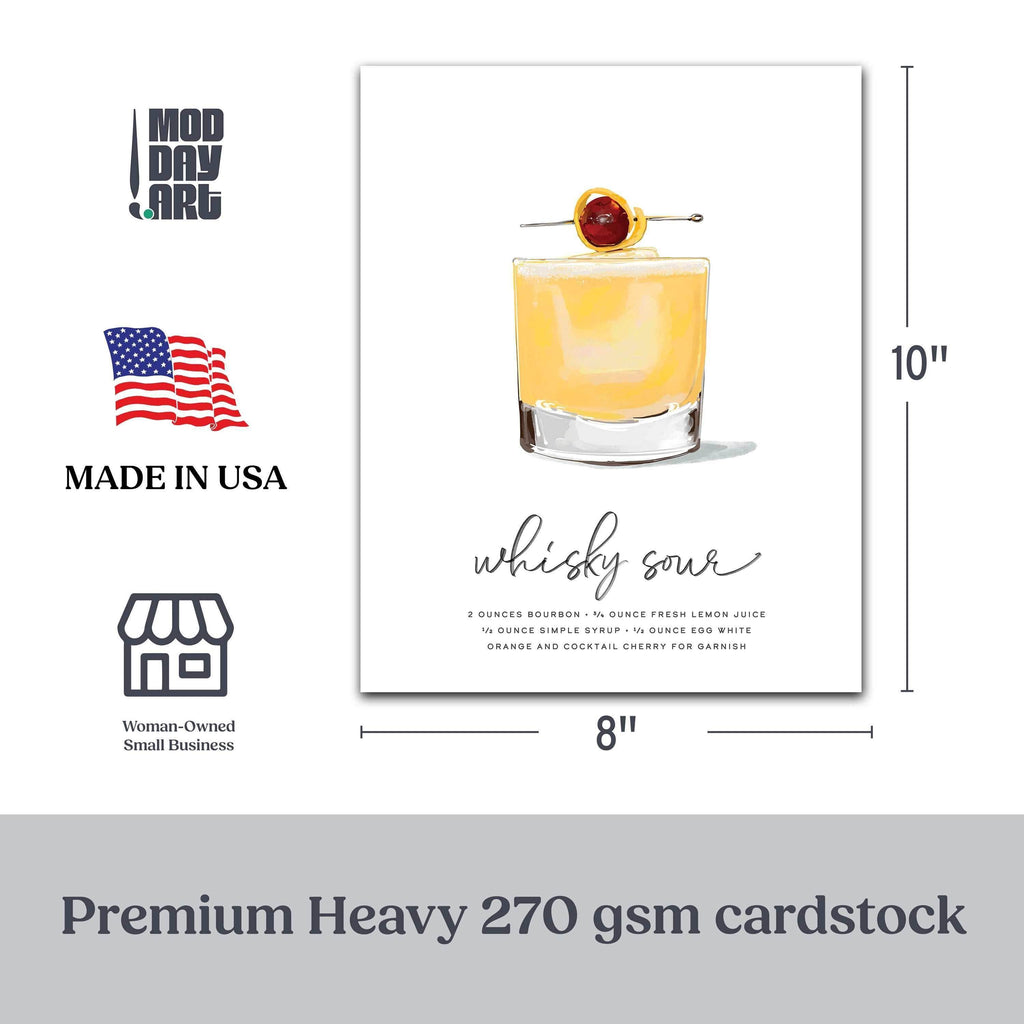 Whiskey Sour Cocktail Wall Art with recipe illustration featuring vibrant colors, luxardo cherry, orange peel, and stylish cocktail pick on premium cardstock.