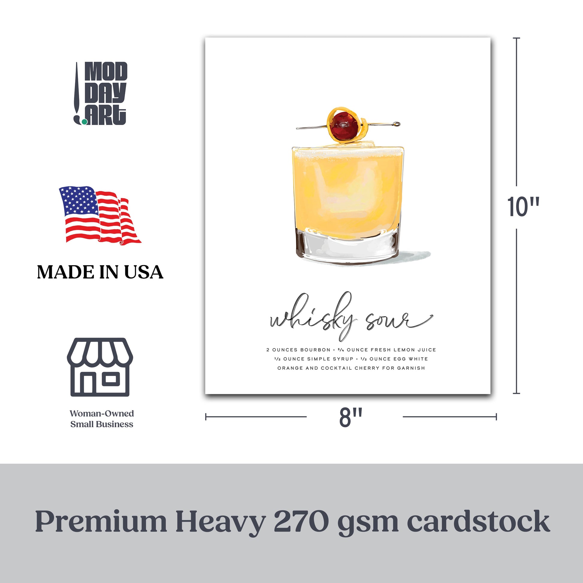 Whiskey Sour Cocktail Wall Art with recipe illustration featuring vibrant colors, luxardo cherry, orange peel, and stylish cocktail pick on premium cardstock.