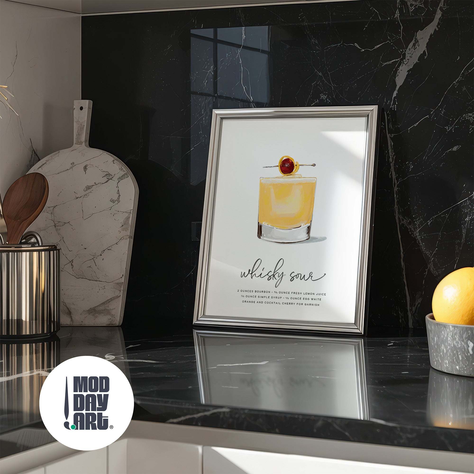 Framed whisky sour recipe cocktail wall art poster on a black marble countertop with 'Mod Day Art' logo.