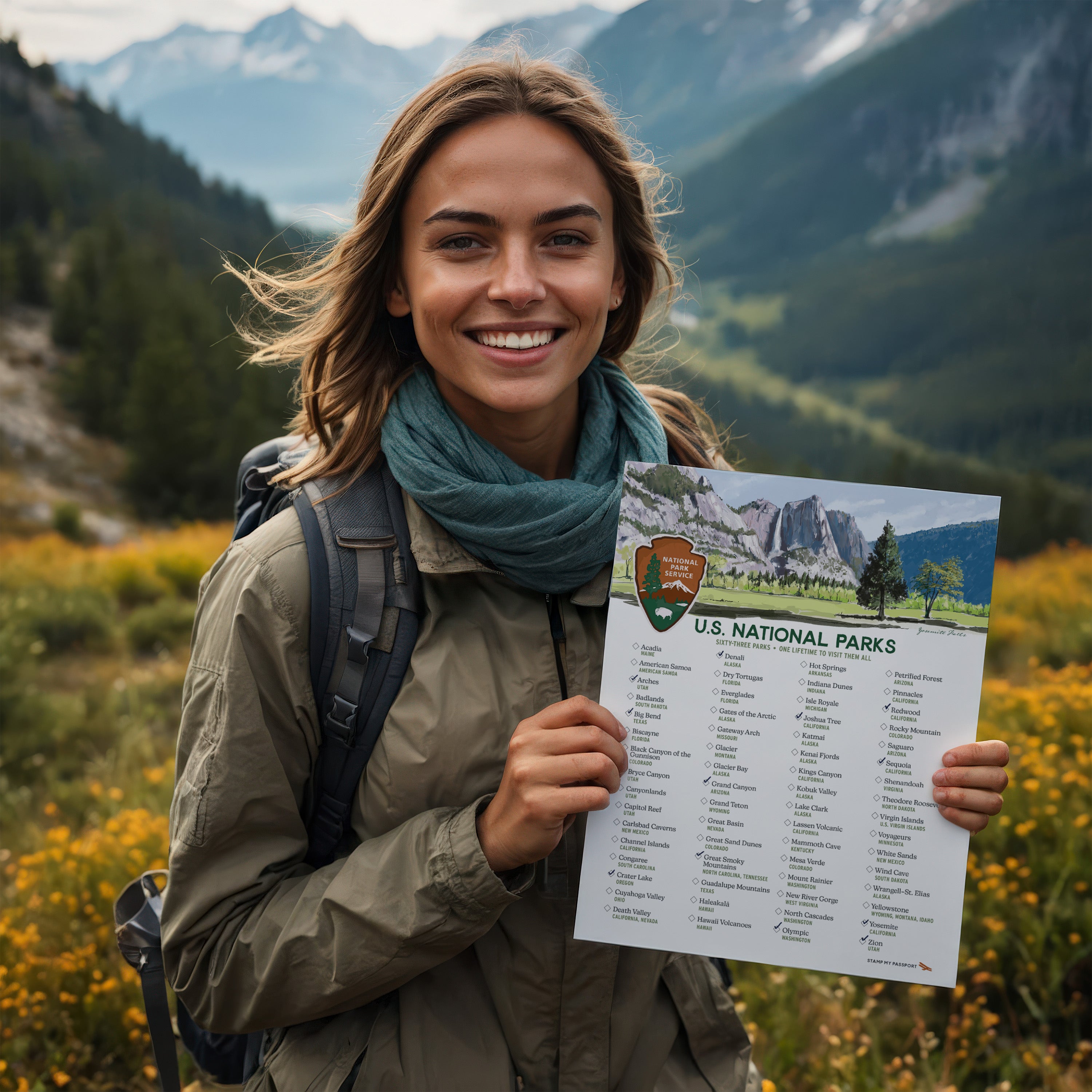 Close-up of woman holding an 8x10 National Park checklist print, ideal for hikers and explorers.