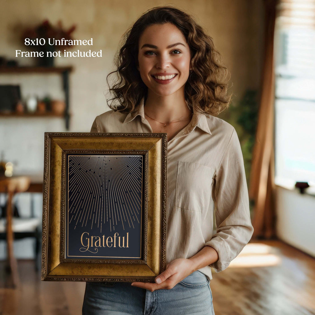Smiling woman displaying grateful gold foil art in ornate frame - premium thank you gift for women, teachers, coworkers