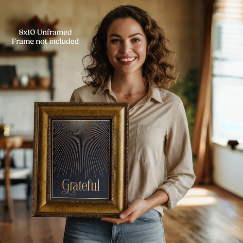 Smiling woman displaying a perfect teacher appreciation gift - grateful gold foil thank you art in ornate frame - premium thank you gift for women, teachers, coworkers