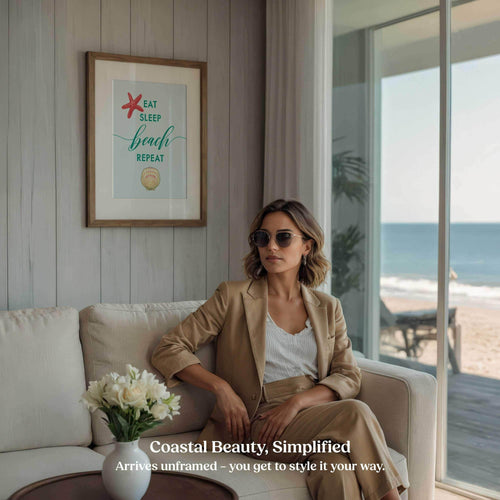 Beach wall art with hand-drawn starfish and shell design in living room near ocean view.