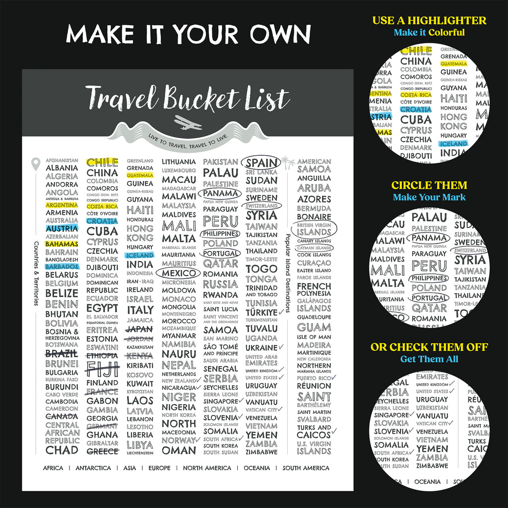 Travel Bucket List Poster | 201 Countries + 29 Islands