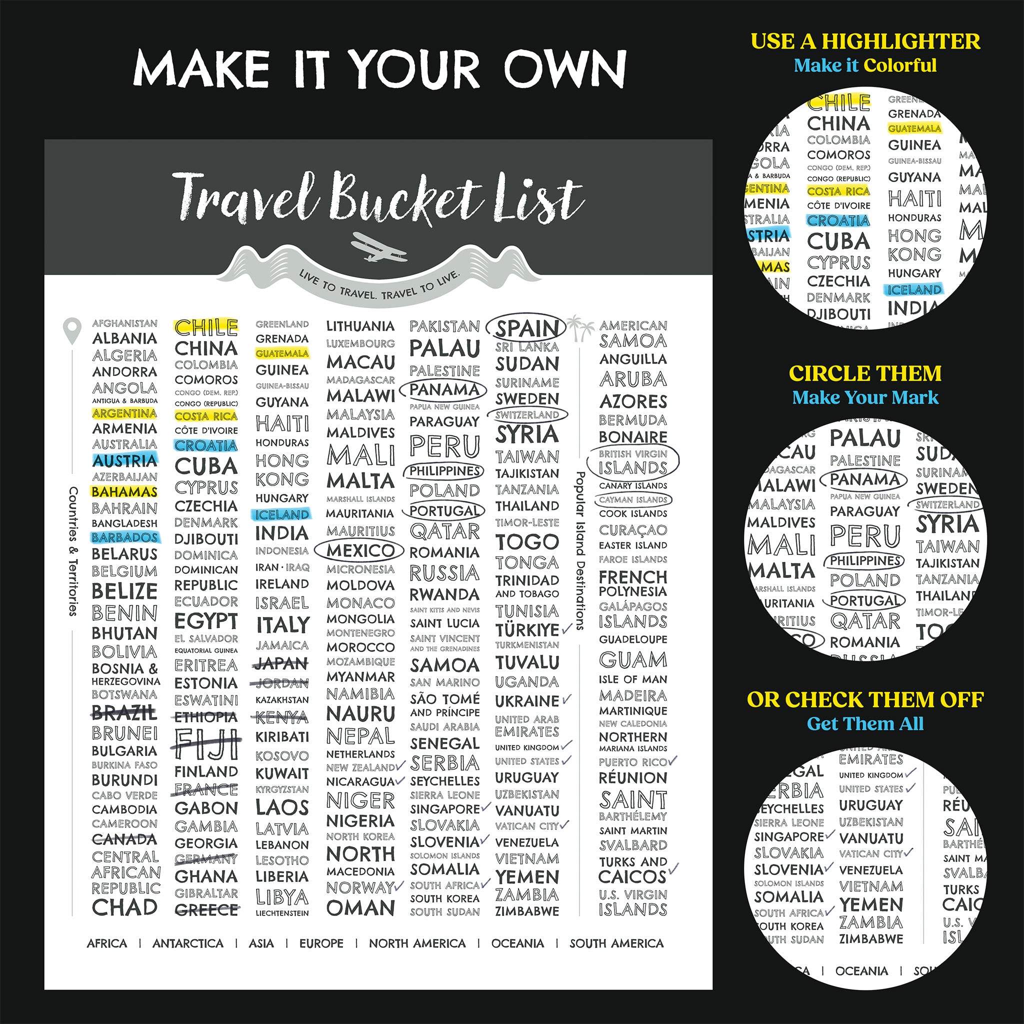 Travel Bucket List Poster | 201 Countries + 29 Islands
