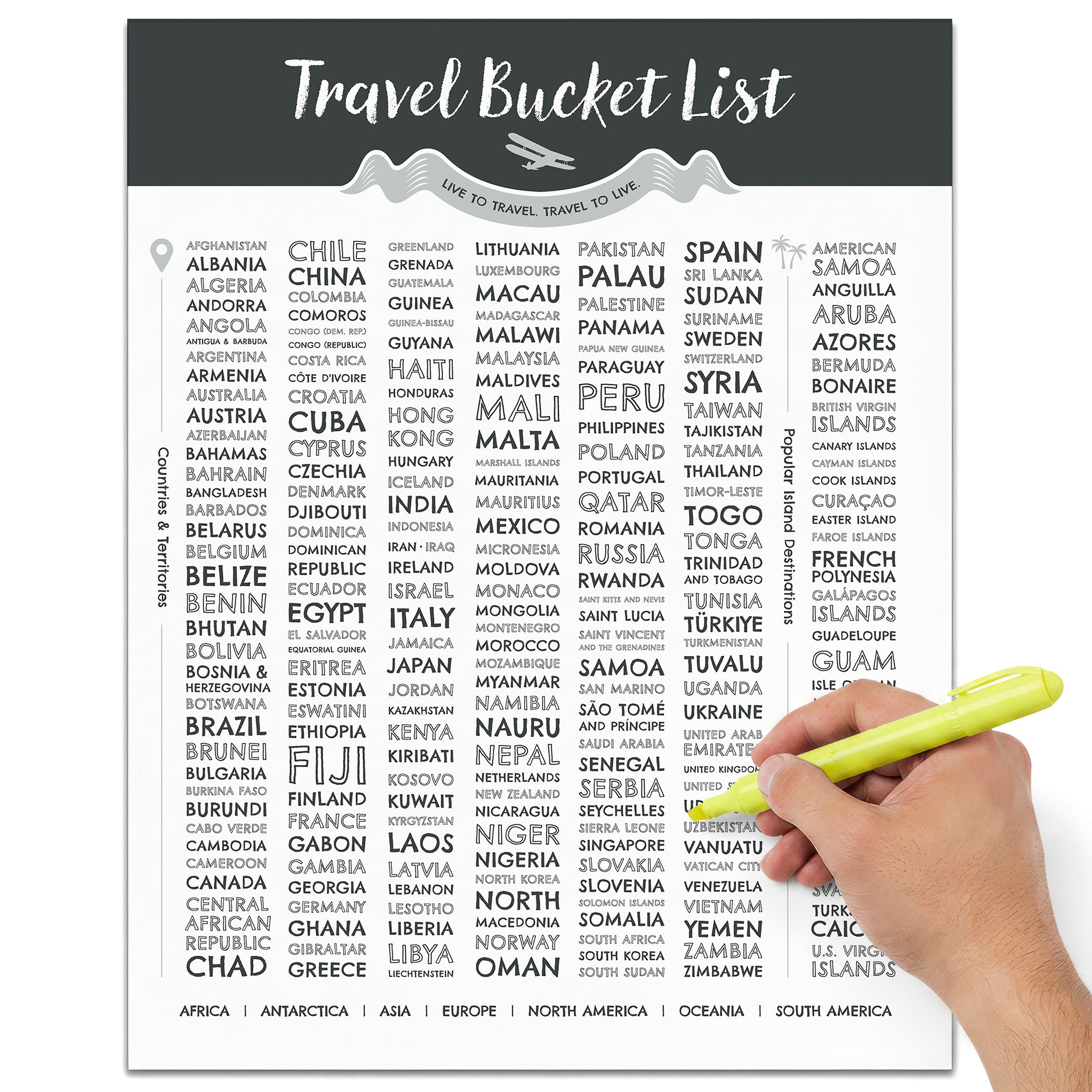 A rectangular travel bucket list poster or print featuring a grid of country names with small map pin icons and color-coded continent labels at the bottom. The top reads 'Travel Bucket List' in large white script.