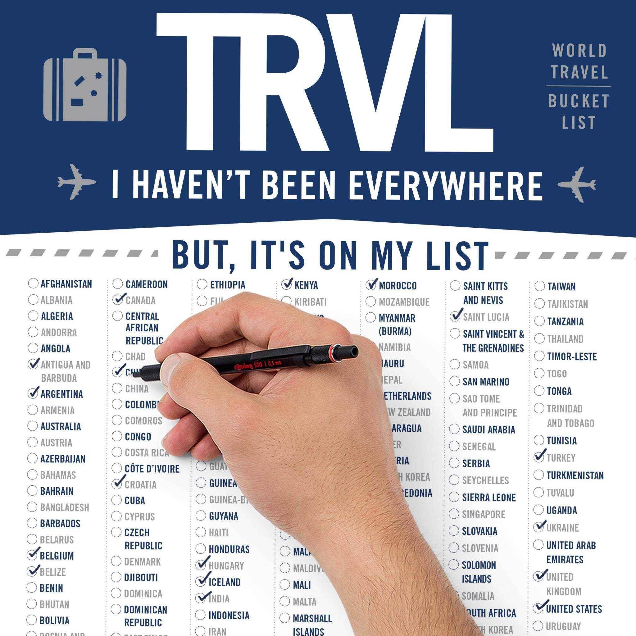 Vintage-inspired world travel bucket list print with hand marking countries.