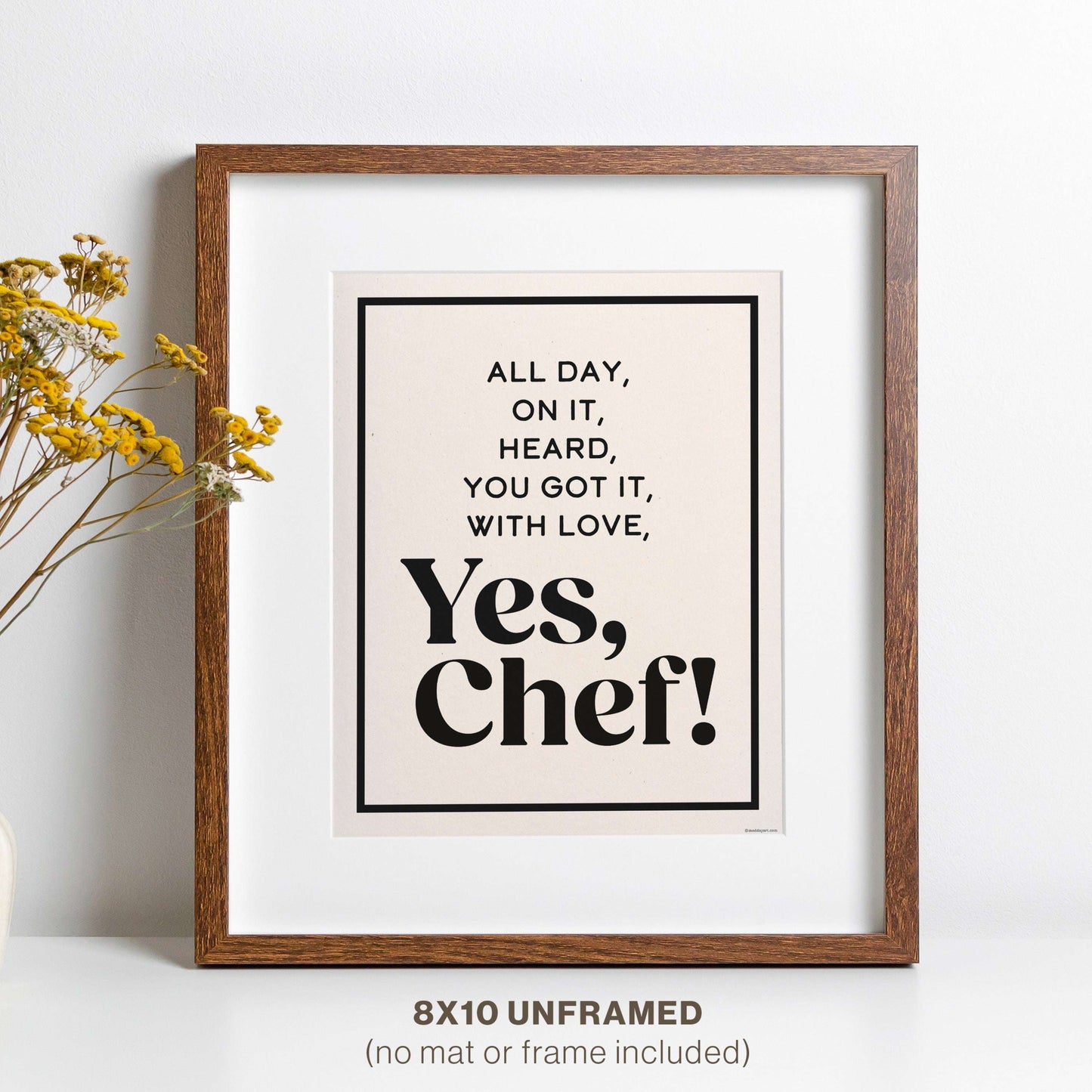 Yes Chef Kitchen Wall Art on kraft-style paper with iconic culinary phrases, unframed 8x10 print.