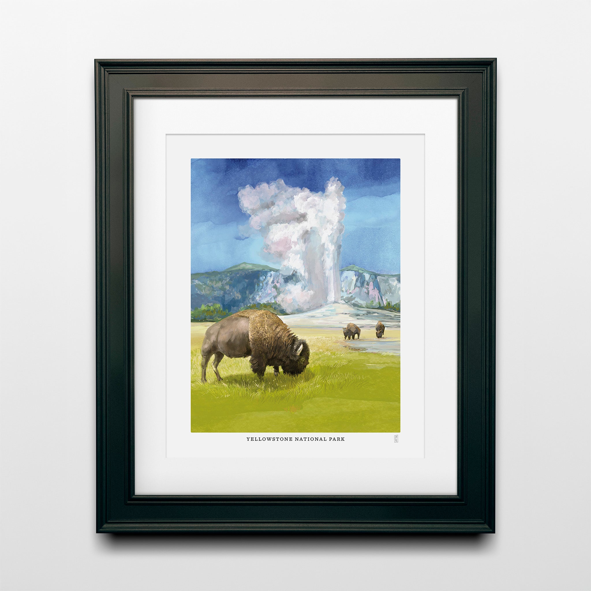 Hand-signed Yellowstone National Park poster with a bison and geysers in a black frame, 8x10