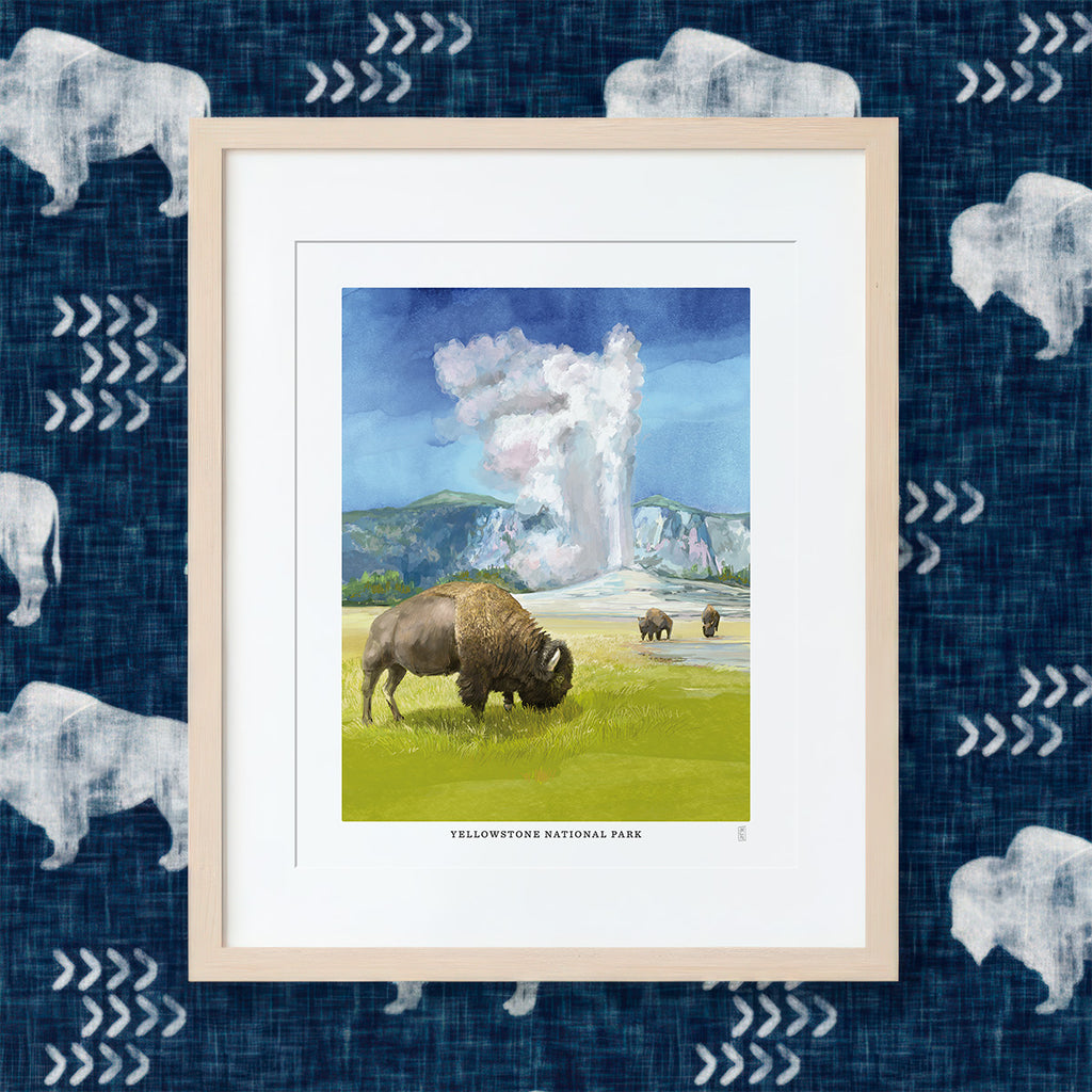 Framed hand-signed print of a bison in Yellowstone National Park with a blue patterned background